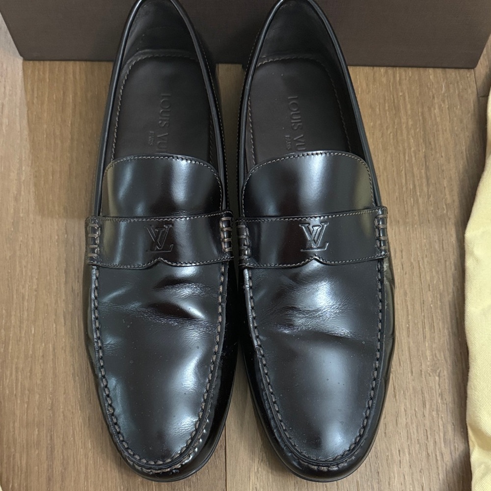 Louis Vuitton Shiny Black Leather Slip-On Loafers